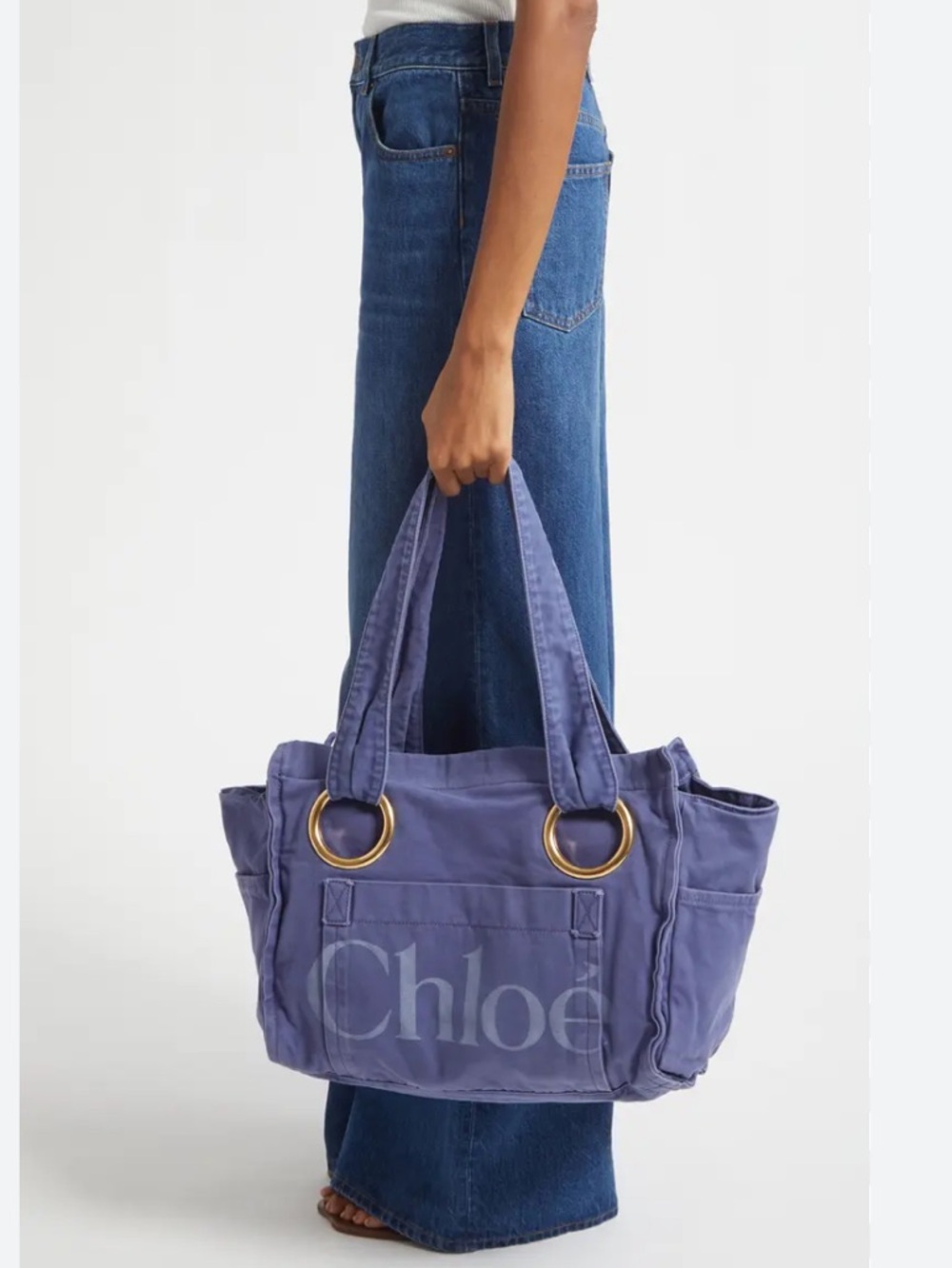 NWT Chloe medium Plage washed cotton logo-print tote bag in evening blue